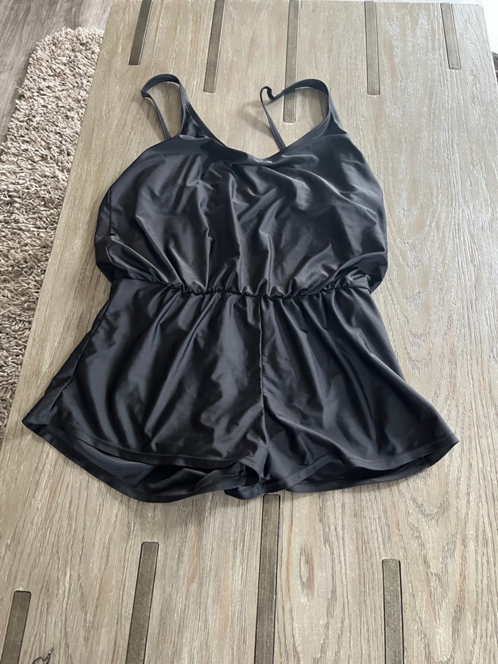 Ellen Tracy Black Satin One-Piece Swim Romper with Adjustable Straps